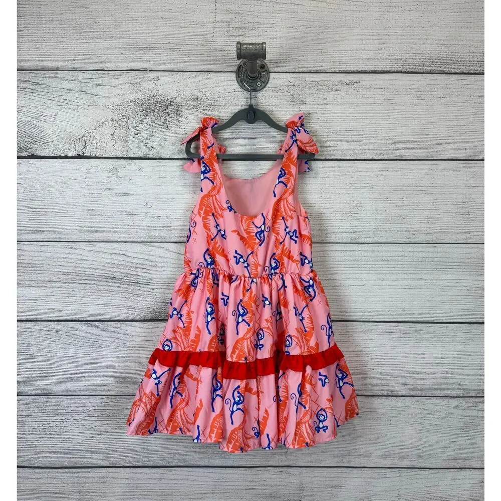 Peek Girl's Pink & Orange Monkey Printed Sleeveless Tiered Summer Dress Size 8